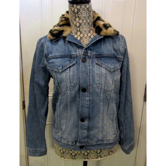 DL 1961 Clyde Classic Trucker Jean Jacket NWT Leopard Fur Collar Retail $249 S - Picture 4 of 11